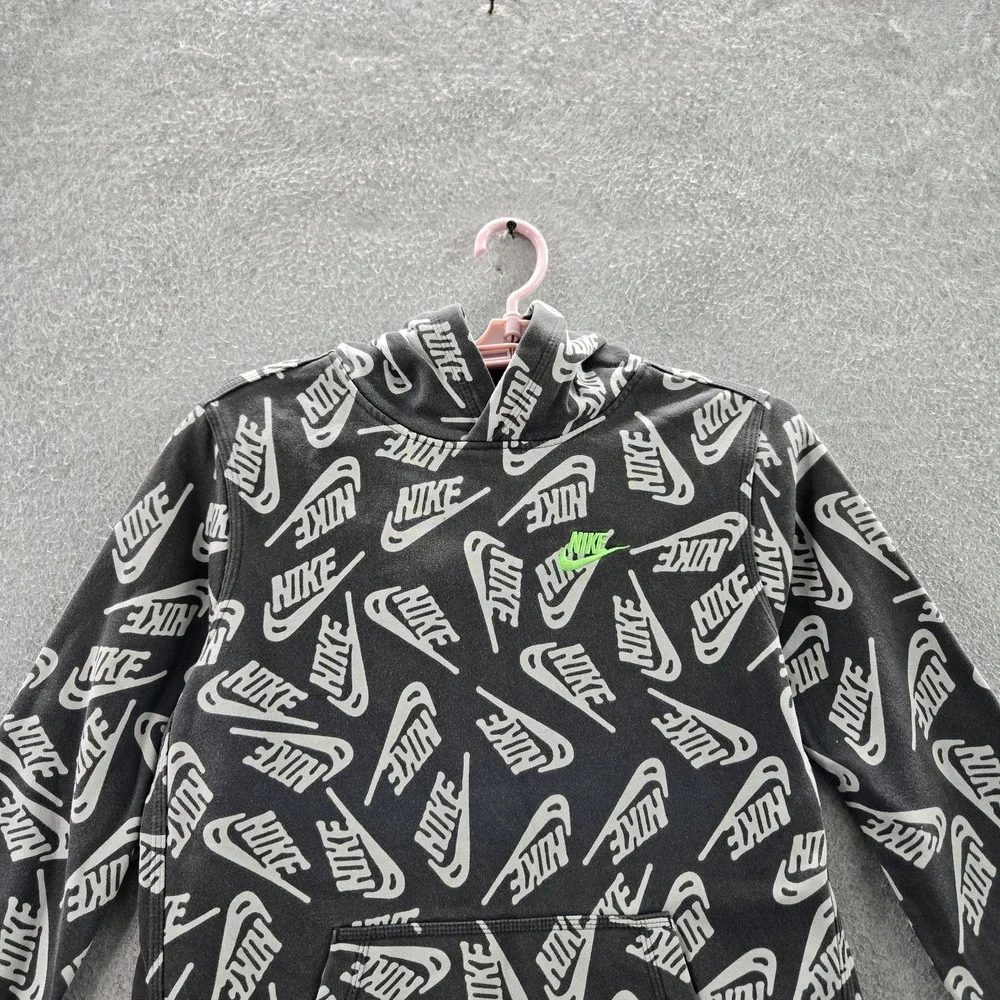 Nike Boy Hoodie XL Black Allover‎ Print Fleece DJ5508-070 Logo Long Sleeve